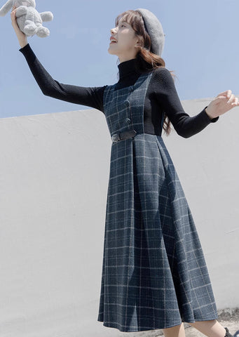 Belted Plaid Pinafore Dress