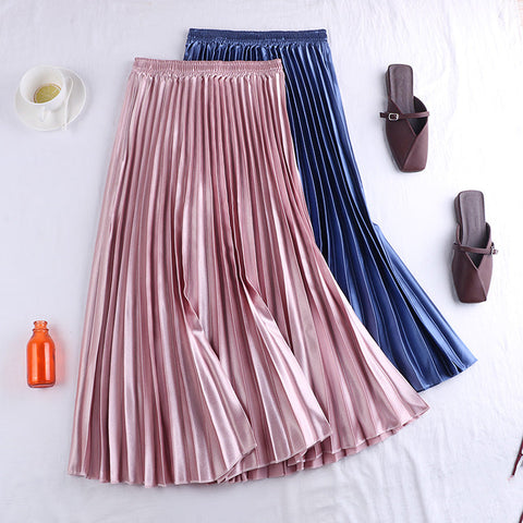 Pleated Satin Midi Skirt