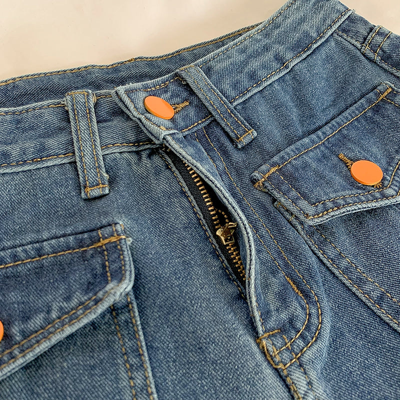 Embroidered Button Pocket Jeans