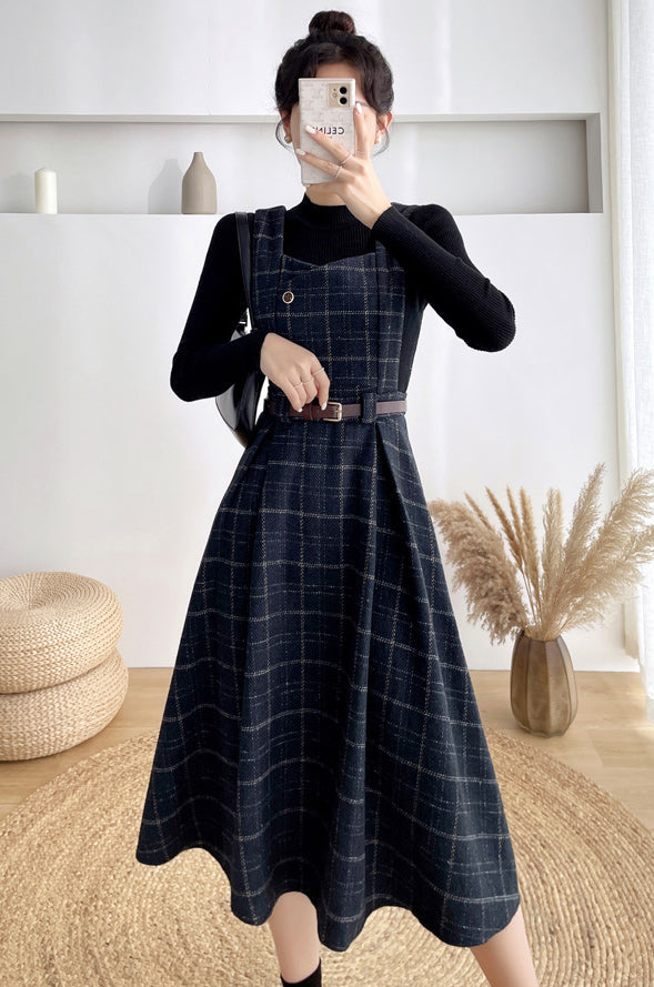 Plaid Pinafore Midi Dress