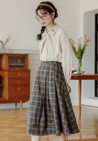 Leafy Corduroy Tie-Neck Blouse