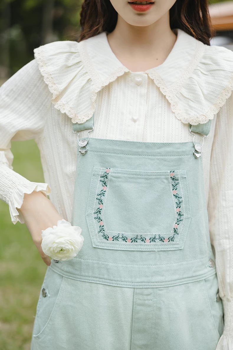 Flower Vines Embroidered Overalls