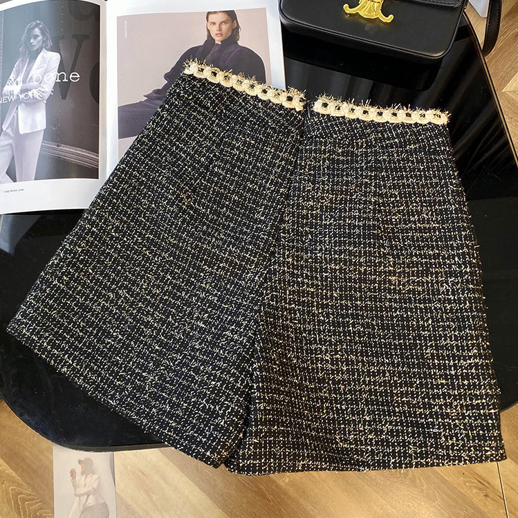 Pantalones cortos asimétricos de tweed preppy
