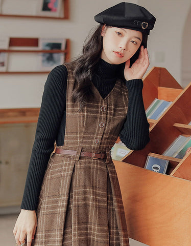 Coffee Plaid Midi Pinafore Dress