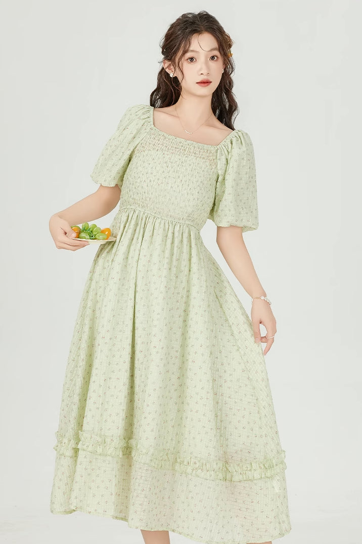 Minty Floral Puff Sleeve Midi Dress