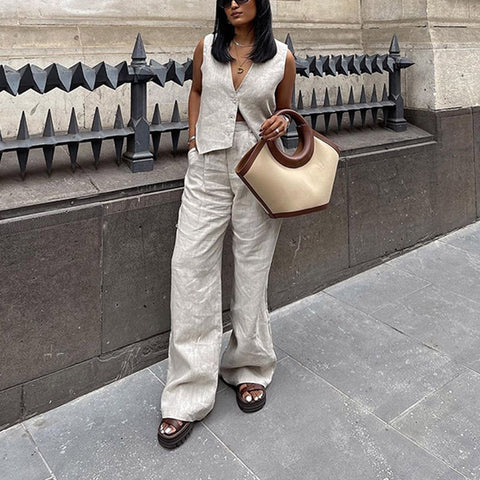 Cotton and Linen Sleeveless Vest Trousers Casual Suit