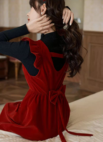 Velvet Frilly Bow Pinafore Dress
