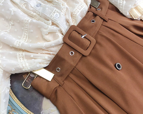 Classic Belted Button Midi Skirt