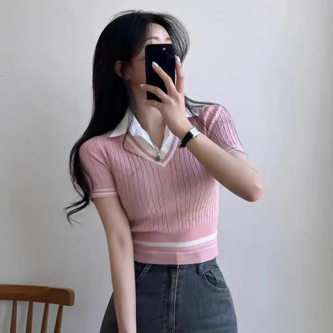 Knitted Polo Cropped Twofer Blouse