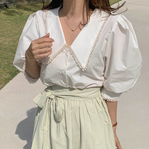 Crochet Trim Puff Sleeve Cropped Blouse