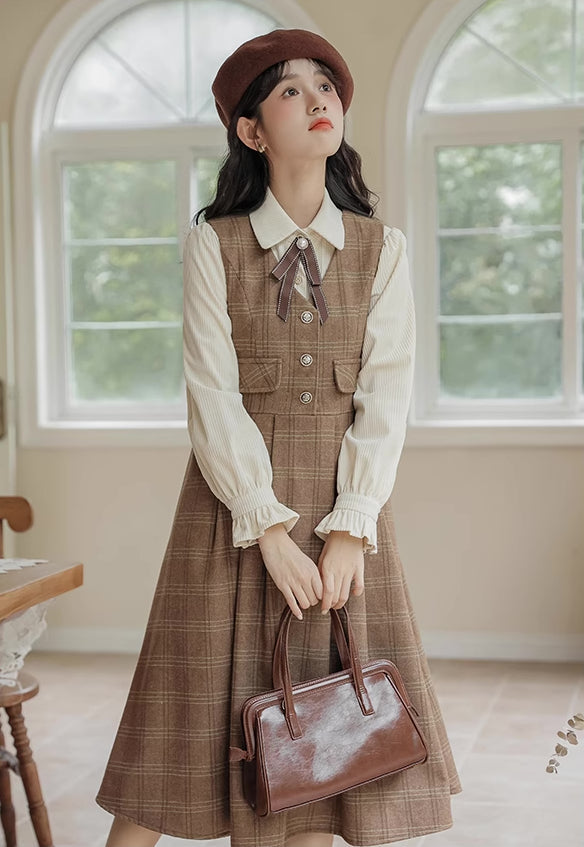 Acorn Plaid Midi Pinafore Dress