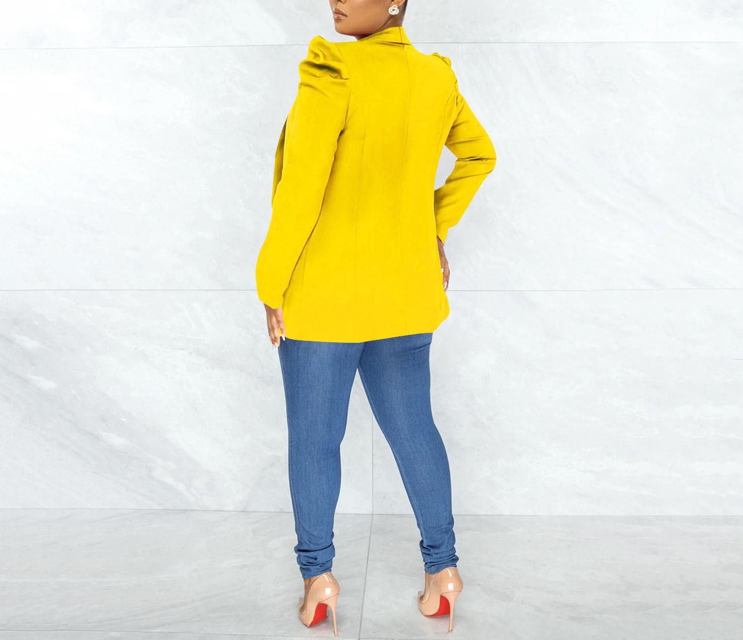 Puff Sleeve Solid Blazer Jacket - Yellow