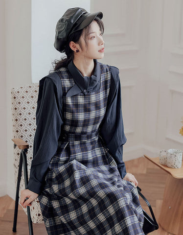 Crepe Plaid Pinafore Dress Set