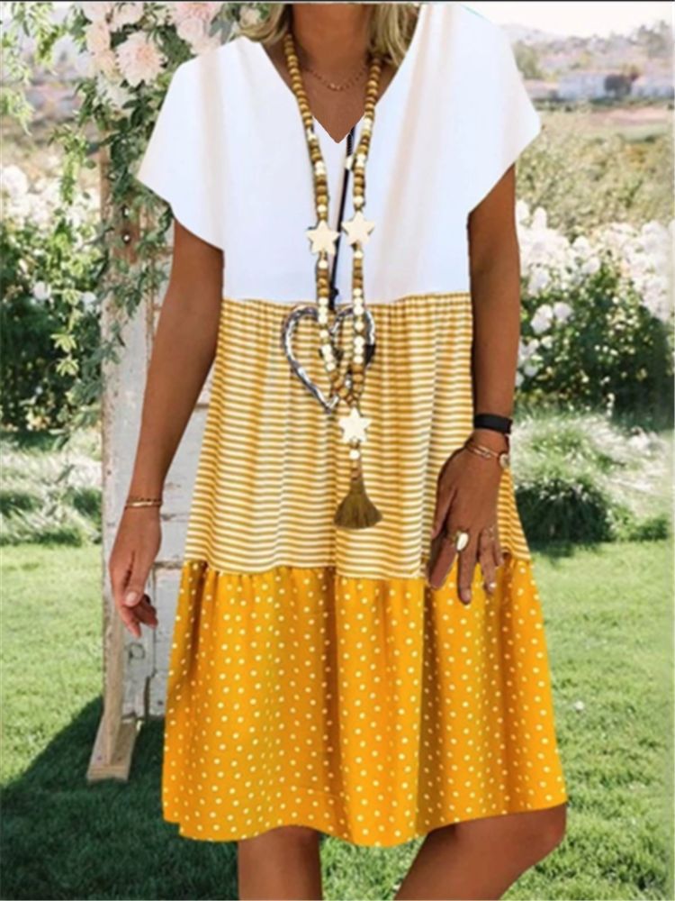 Vestido midi con estampado de cuadros y patchwork