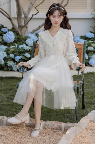 Midikleid aus Spitze und Tüll mit V-Ausschnitt