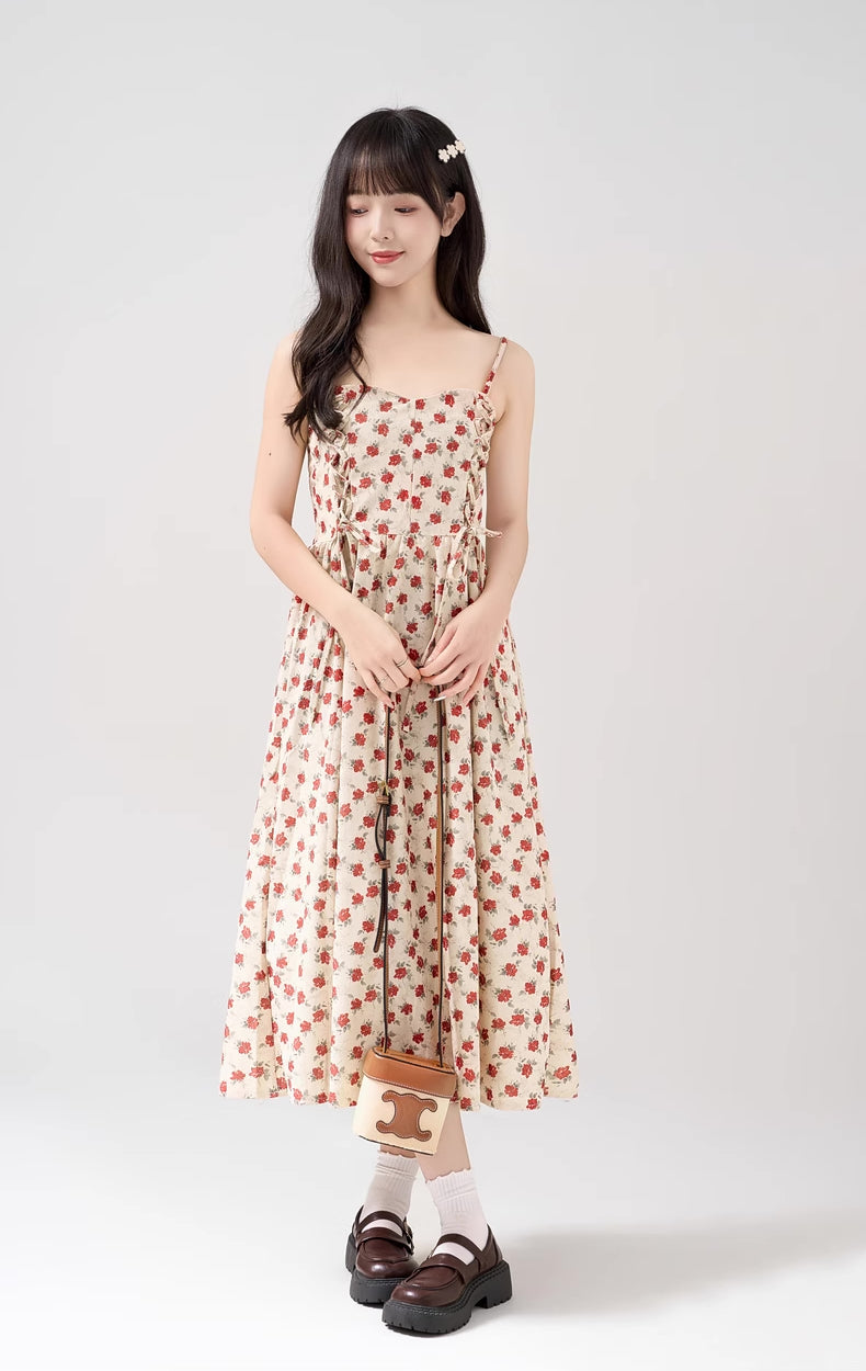 Lace Up Floral Cami Midi Dress