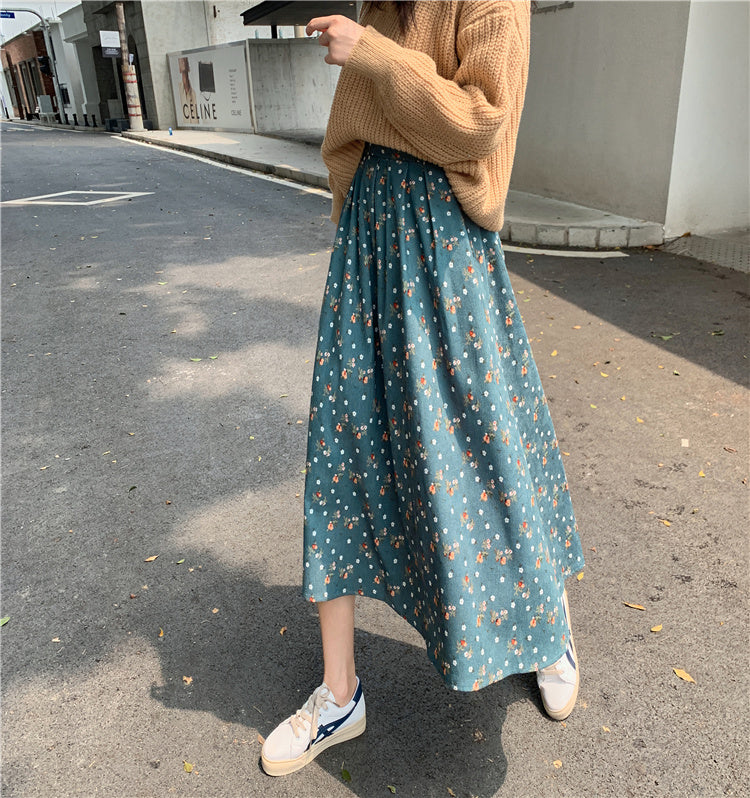 Raining Flowers Corduroy Midi Skirt