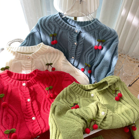 Cherry Pom Pom Cropped Cardigan