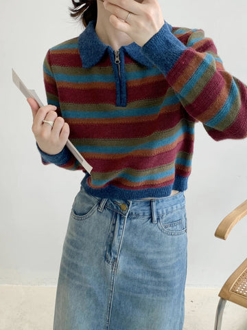 Autumn Vintage Stripe Polo Sweater