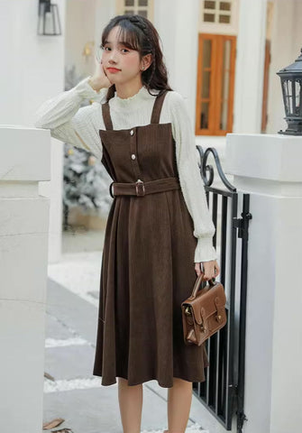 Corduroy Knit Belted Twofer Midi Dress