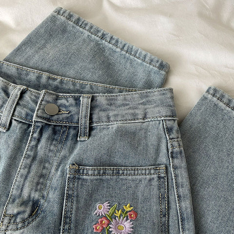 Embroidered Floral Pocket Jeans