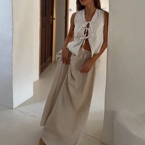 Cotton And Linen Lace-Up Sleeveless Two-Piece Suit