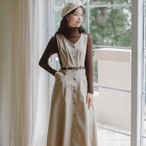 Button Up Suede Pinafore Dress