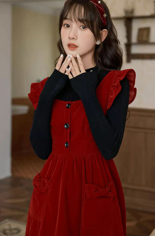 Velvet Frilly Bow Pinafore Dress