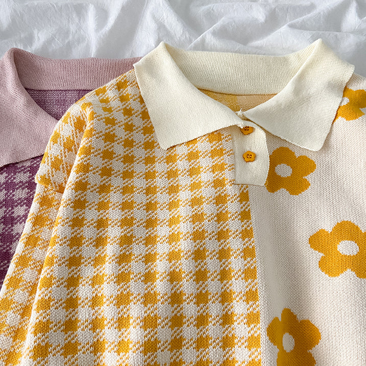 Suéter polo con estampado de margaritas y cuadros vichy