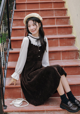 Frilly High Neck Corduroy Sweater Dress