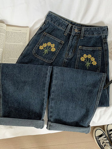 Embroidered Sunflower Pocket Jeans