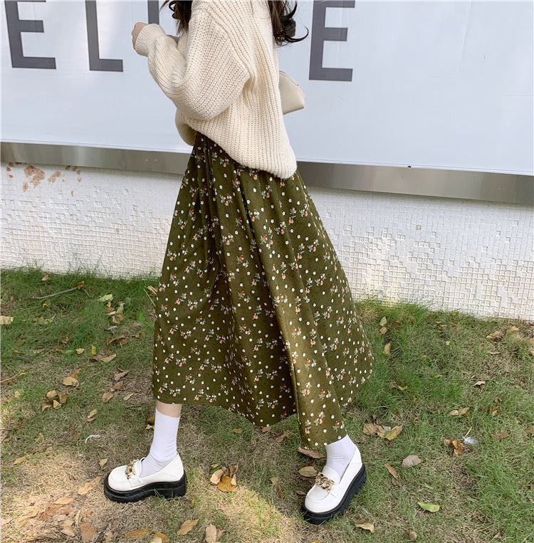Raining Flowers Corduroy Midi Skirt
