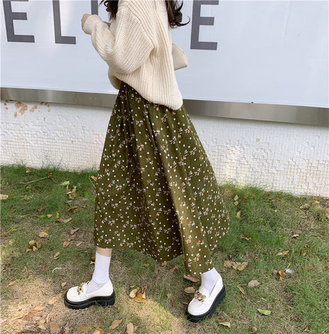 Raining Flowers Corduroy Midi Skirt
