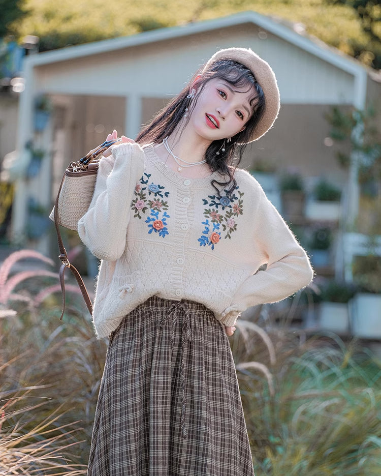 Grandma's Autumn Floral Embroidered Cardigan