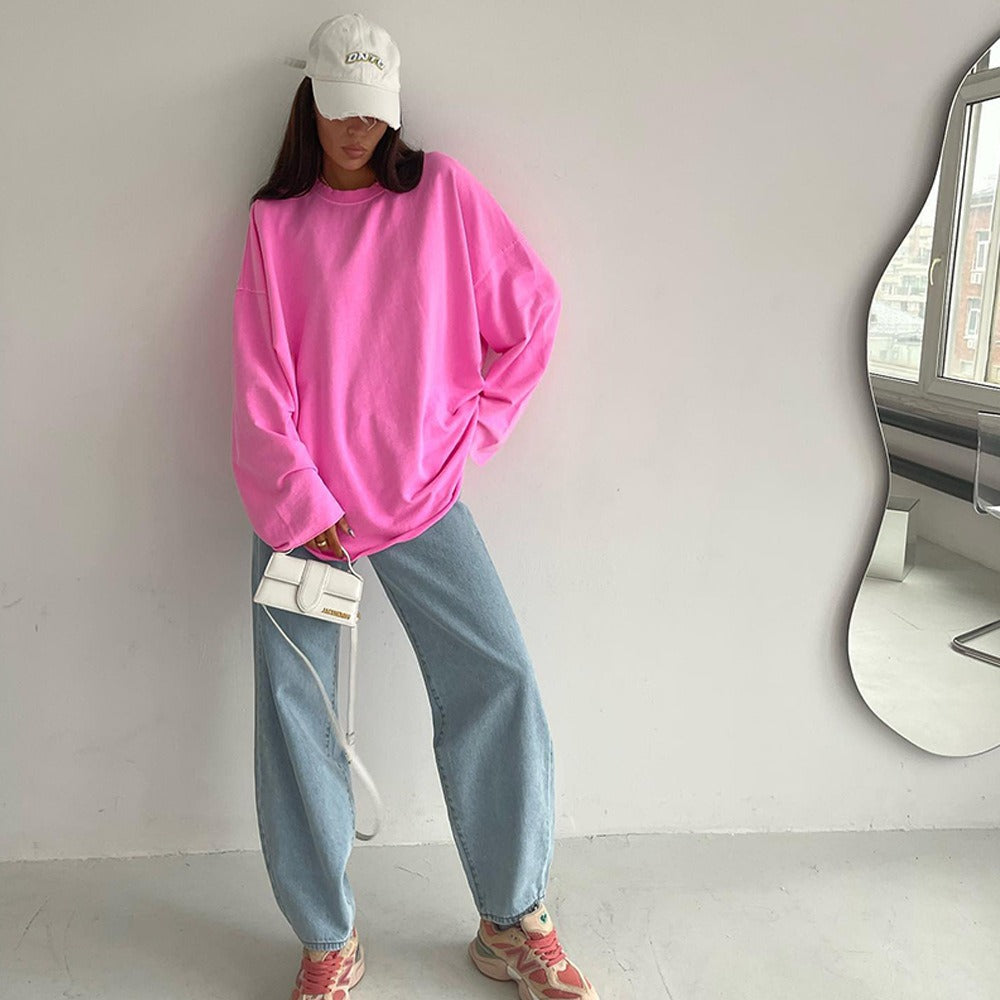 Pink Long-Sleeved Loose Solid Color Shirt