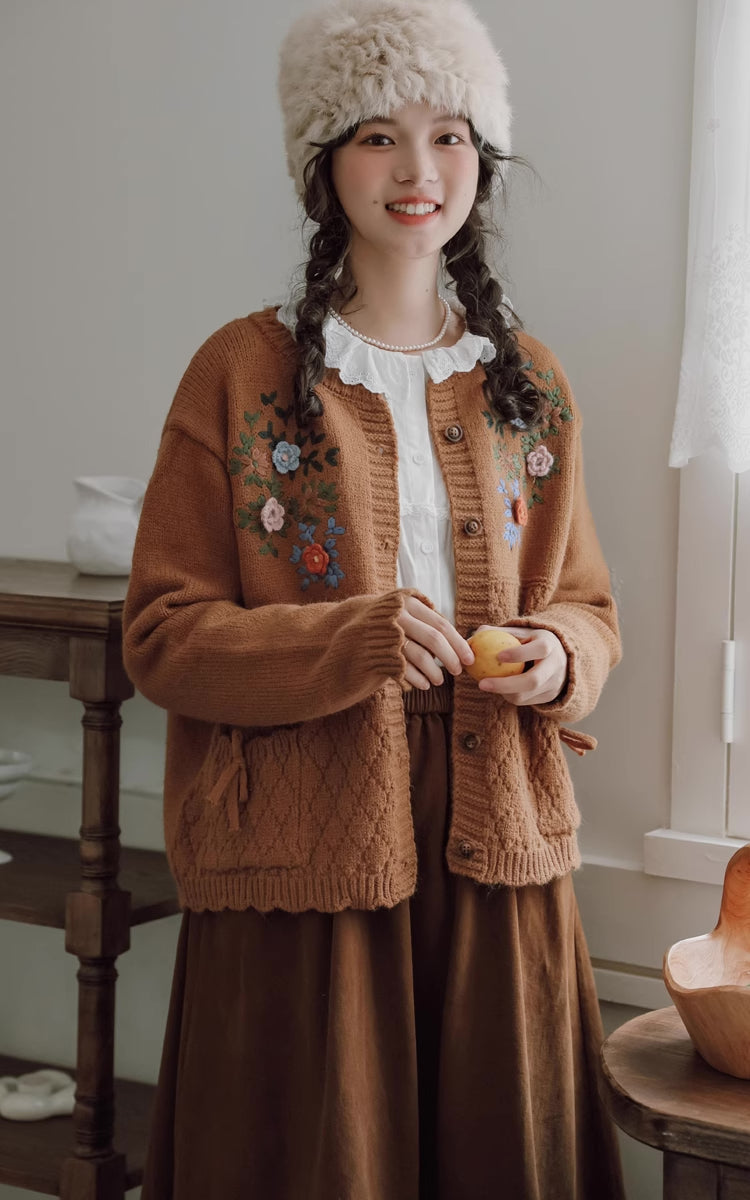 Grandma's Autumn Floral Embroidered Cardigan