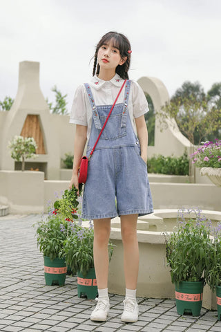 Rosy Days Embroidered Short Overalls