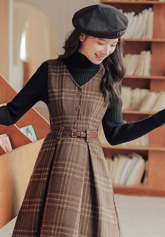 Coffee Plaid Midi Pinafore Dress