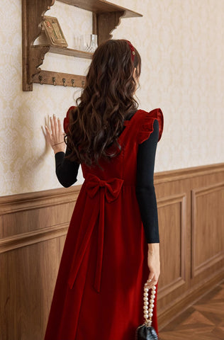 Velvet Frilly Bow Pinafore Dress