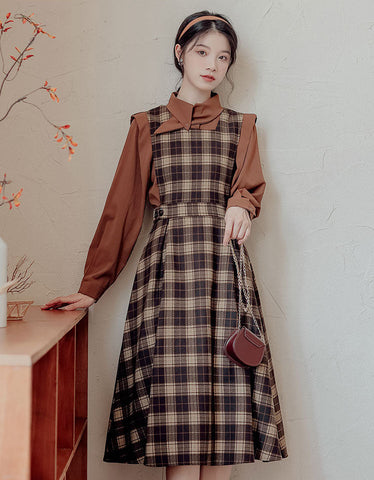 Crepe Plaid Pinafore Dress Set