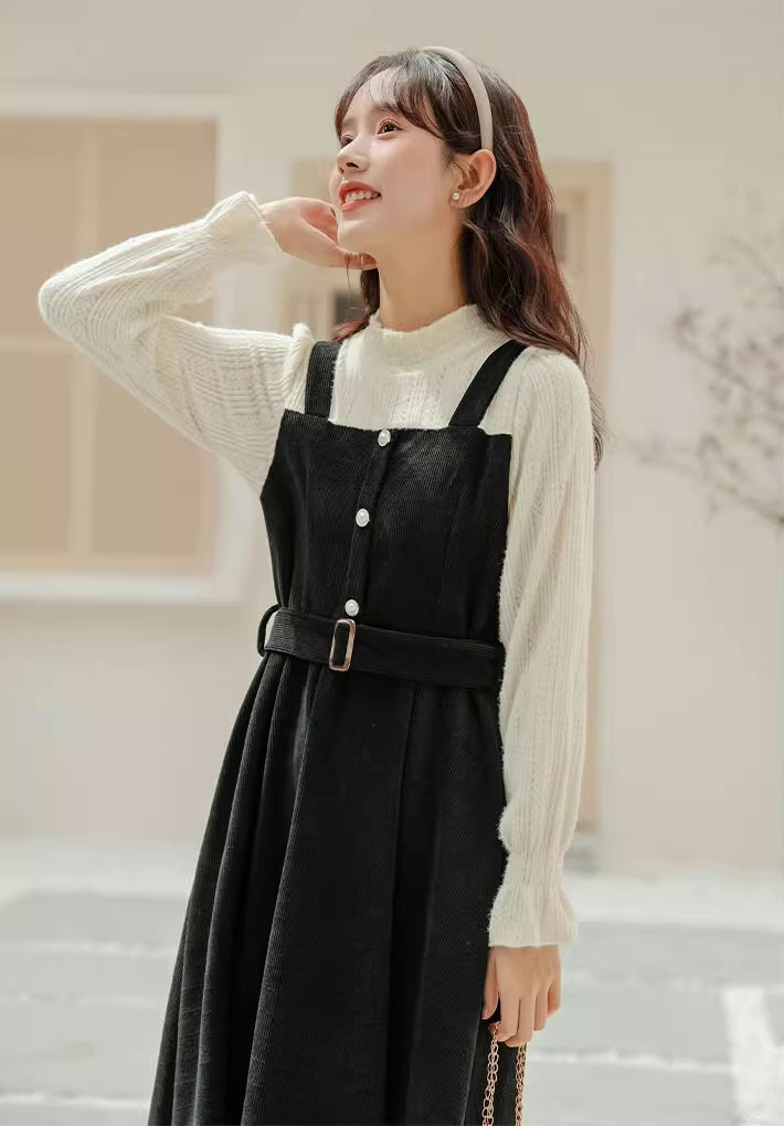 Corduroy Knit Belted Twofer Midi Dress