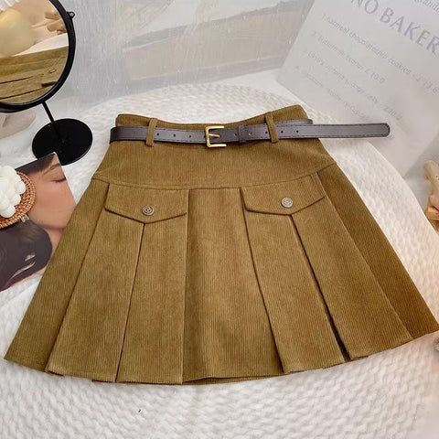Corduroy Belted Pleat Skirt