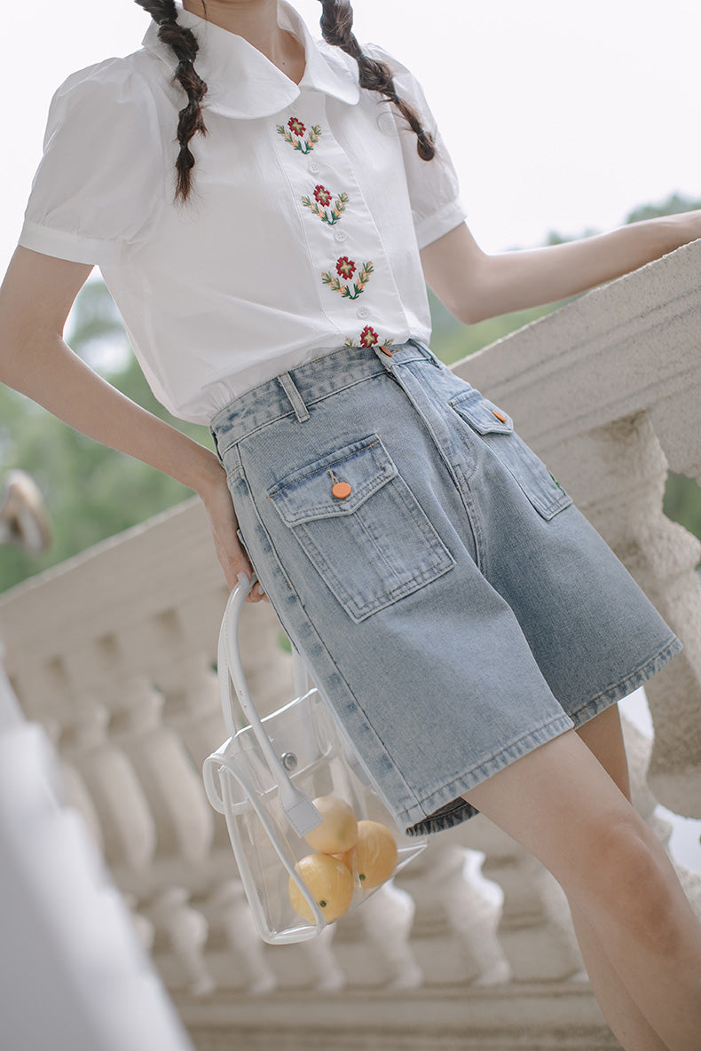 Embroidered Button Pocket Shorts