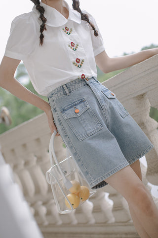 Embroidered Button Pocket Shorts