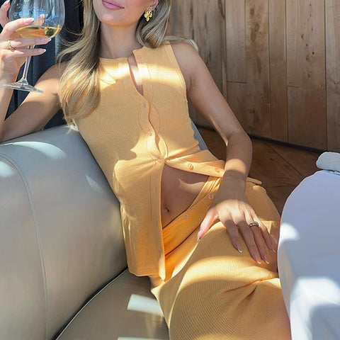 Knitted Solid Color Sleeveless Vest Two Piece Set