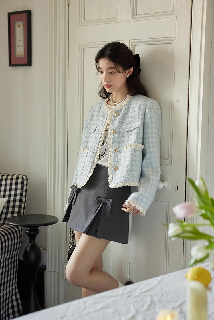 Gingham Lace Trim Tweed Jacket