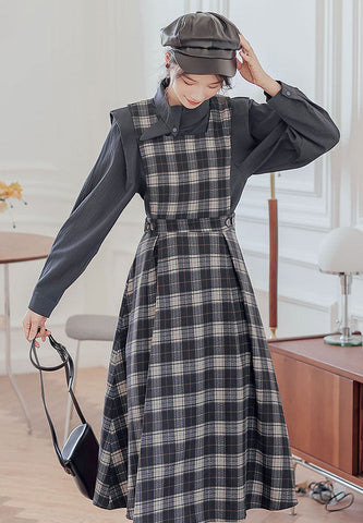 Crepe Plaid Pinafore Dress Set
