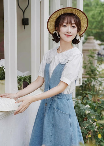 Button Denim Midi Pinafore Dress