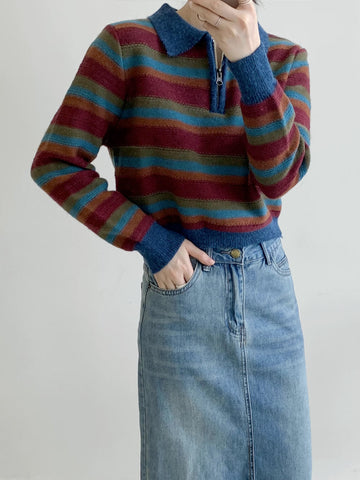 Autumn Vintage Stripe Polo Sweater