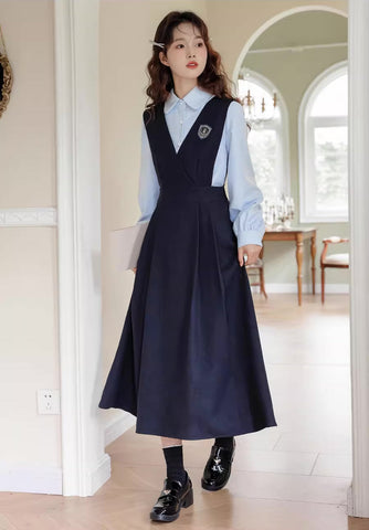 Corduroy Suede Midi Pinafore Dress & Blouse Set